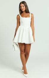 Aimee Mini Dress - Scoop Neck Corset Gathered Dress in White
